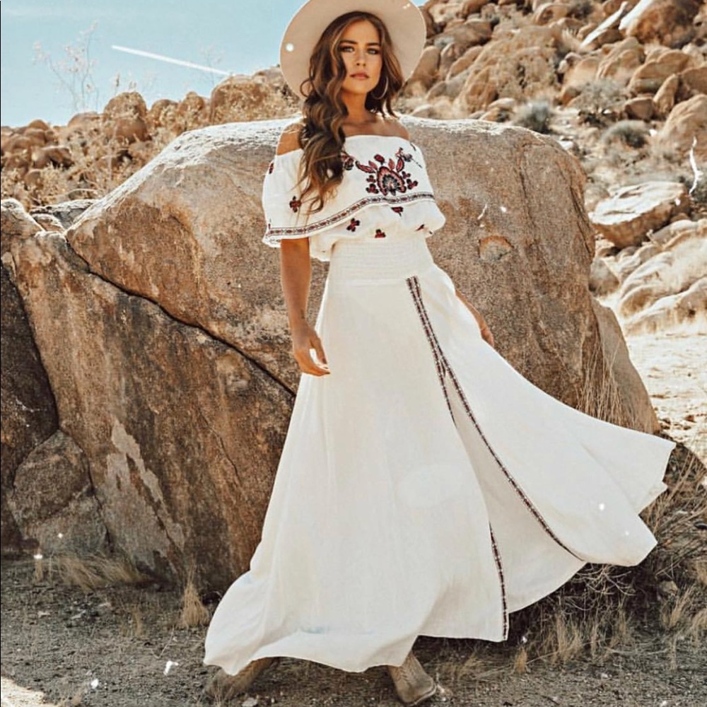 RAGA off the shoulder ruffle embroidered maxi